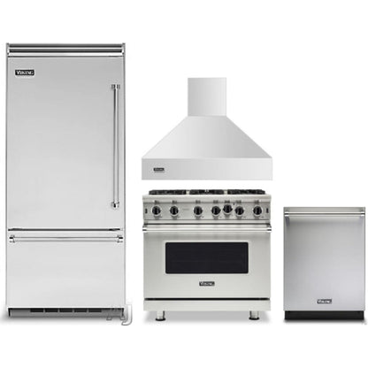 Viking 4-Piece Package 36 Inch Built-In Bottom Mount Refrigerator and 36 Inch Freestanding Professional Gas Range and 24 Inch Fully Integrated Dishwasher and 36 Inch Wall Mount Range Hood - VCBB5364LSS