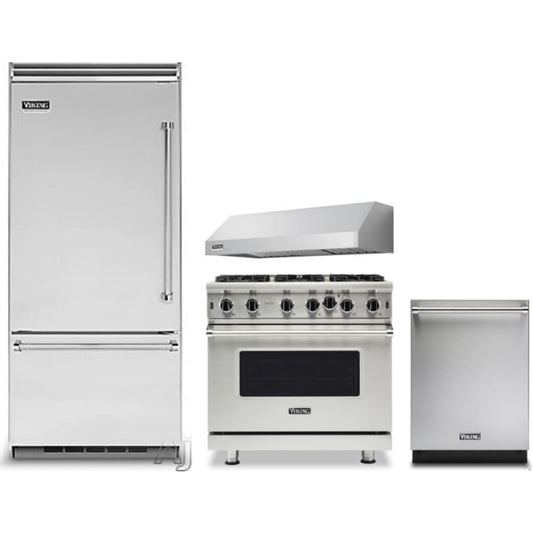 Viking 4-Piece Package 36 Inch Built-In Bottom Mount Refrigerator and 36 Inch Freestanding Professional Gas Range and 24 Inch Fully Integrated Dishwasher and 36 Inch Pro-Style Wall Mount Range Hood - VCBB5364LSS