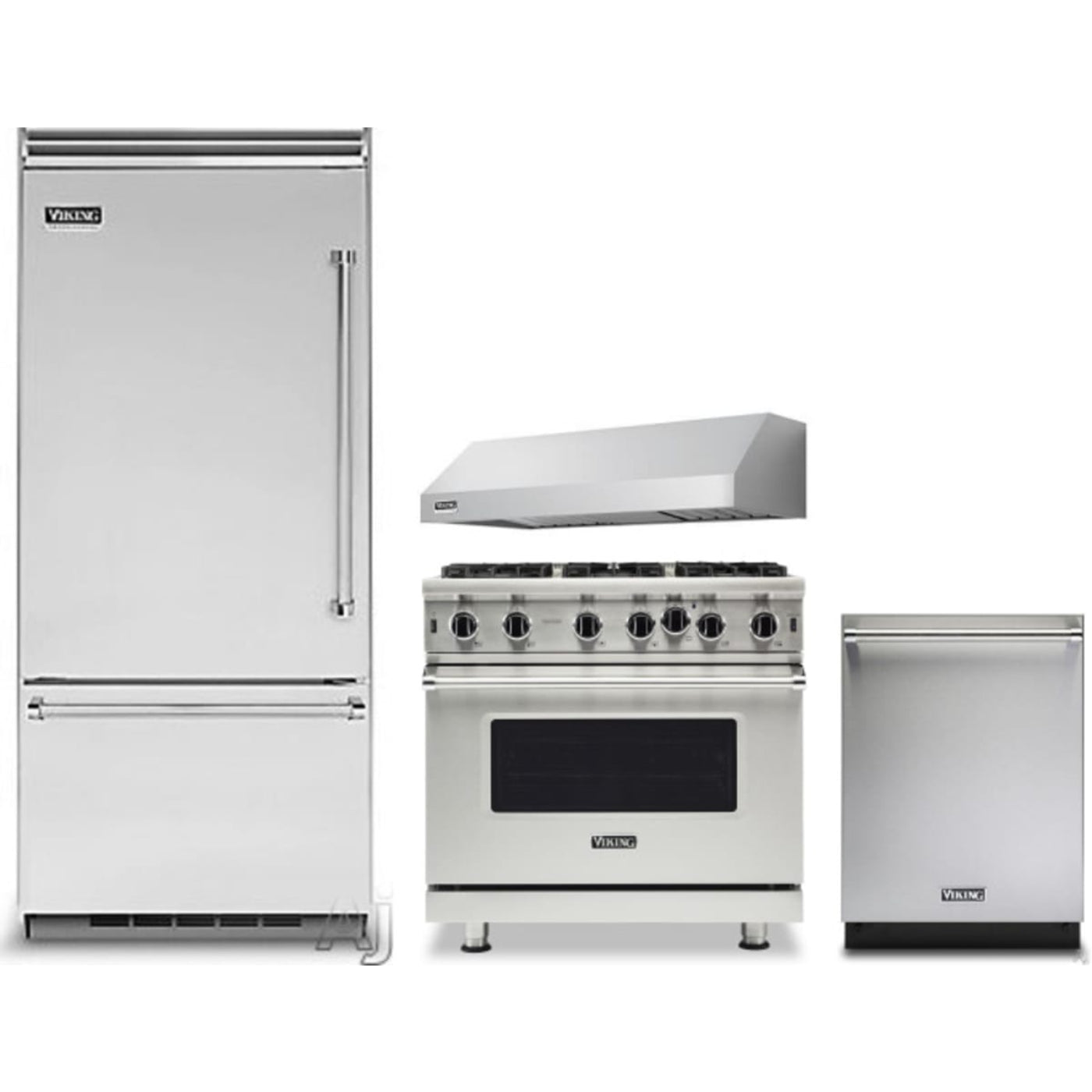Viking 4-Piece Package 36 Inch Built-In Bottom Mount Refrigerator and 36 Inch Freestanding Professional Gas Range and 24 Inch Fully Integrated Dishwasher and 36 Inch Pro-Style Wall Mount Range Hood - VCBB5364LSS