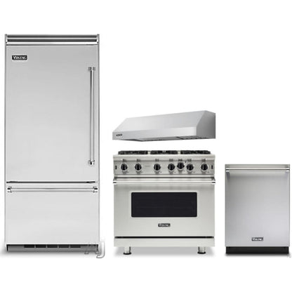 Viking 4-Piece Package 36 Inch Built-In Bottom Mount Refrigerator and 36 Inch Freestanding Professional Gas Range and 24 Inch Fully Integrated Dishwasher and 36 Inch Pro-Style Wall Mount Range Hood - VCBB5364LSS