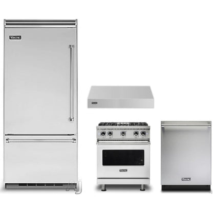 Viking 4-Piece Package 36 Inch Built-In Bottom Mount Refrigerator and 30 Inch Freestanding Professional Gas Range and 24 Inch Fully Integrated Dishwasher and 30 Inch Wall Mount Range Hood - VCBB5364LSS