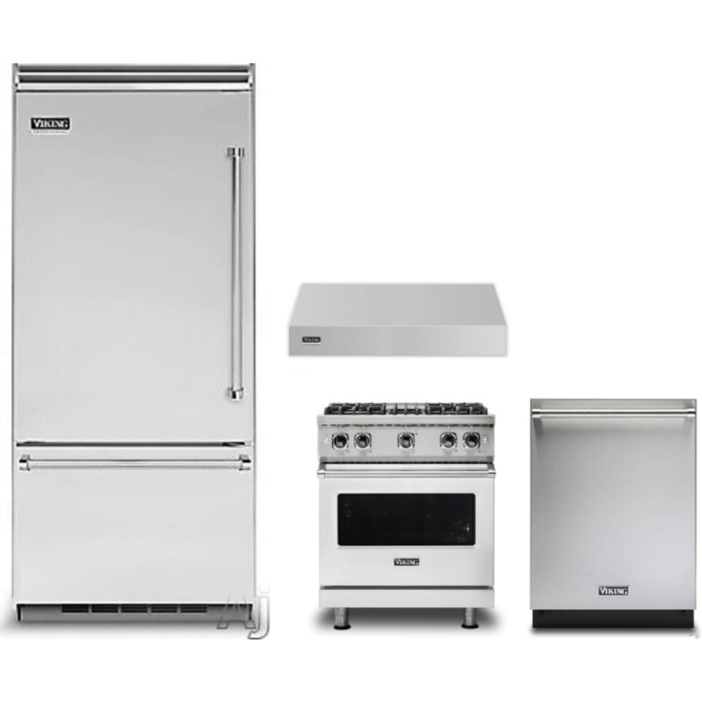Viking 4-Piece Package 36 Inch Built-In Bottom Mount Refrigerator and 30 Inch Freestanding Professional Gas Range and 24 Inch Fully Integrated Dishwasher and 30 Inch Wall Mount Range Hood - VCBB5364LSS