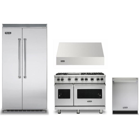 Viking 4-Piece Package 42 Inch Counter Depth Built-In Side by Side Refrigerator and 48 Inch Freestanding Professional Gas Range and 24 Inch Fully Integrated Dishwasher and 48 Inch Wall Mount Range Hood - VCSB5424SS