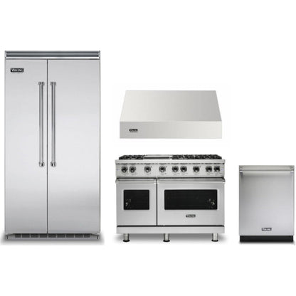 Viking 4-Piece Package 42 Inch Counter Depth Built-In Side by Side Refrigerator and 48 Inch Freestanding Professional Gas Range and 24 Inch Fully Integrated Dishwasher and 48 Inch Wall Mount Range Hood - VCSB5424SS