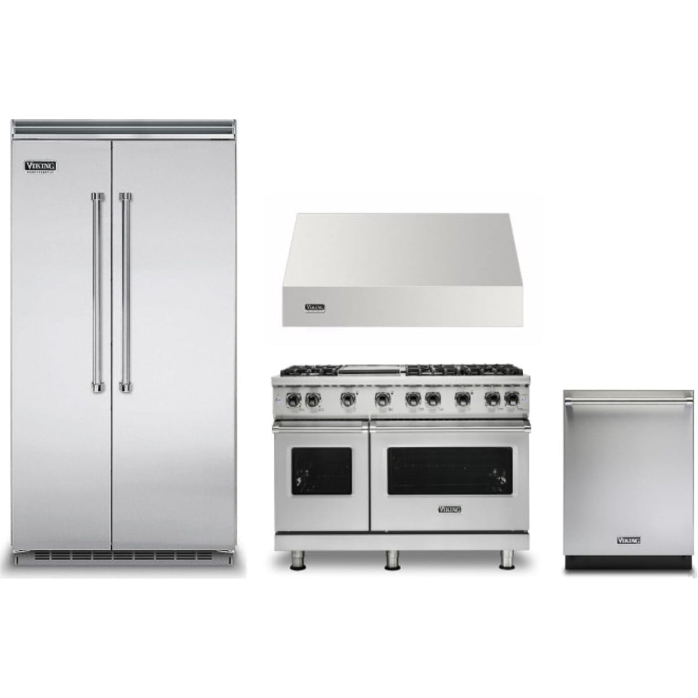 Viking 4-Piece Package 42 Inch Counter Depth Built-In Side by Side Refrigerator and 48 Inch Freestanding Professional Gas Range and 24 Inch Fully Integrated Dishwasher and 48 Inch Wall Mount Range Hood - VCSB5424SS
