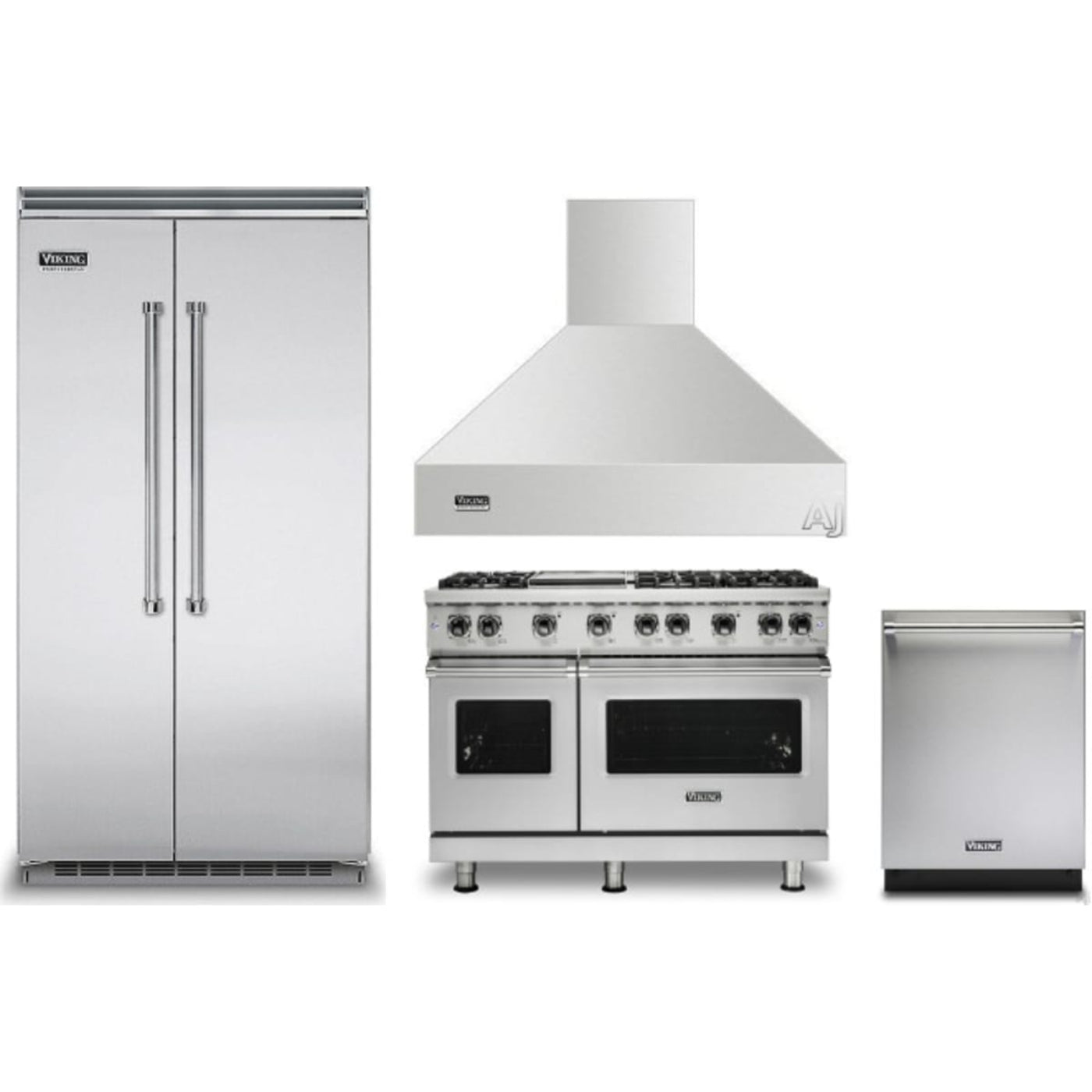 Viking 4-Piece Package 42 Inch Counter Depth Built-In Side by Side Refrigerator and 48 Inch Freestanding Professional Gas Range and 24 Inch Fully Integrated Dishwasher and 48 Inch Wall Mount Range Hood - VCSB5424SS