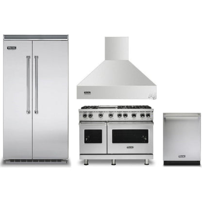 Viking 4-Piece Package 42 Inch Counter Depth Built-In Side by Side Refrigerator and 48 Inch Freestanding Professional Gas Range and 24 Inch Fully Integrated Dishwasher and 48 Inch Wall Mount Range Hood - VCSB5424SS