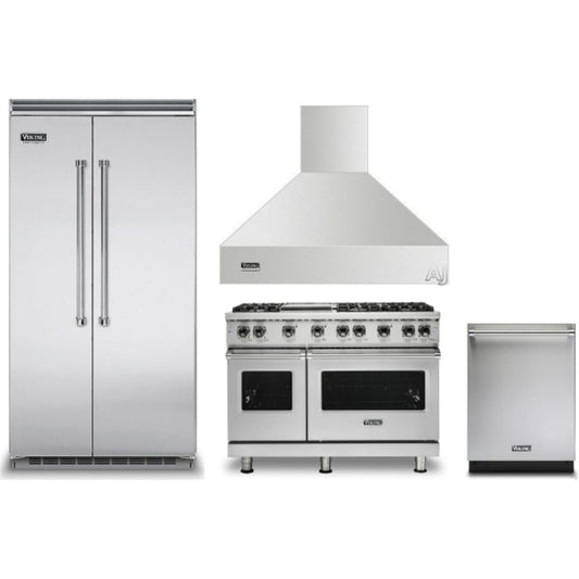Viking 4-Piece Package 42 Inch Counter Depth Built-In Side by Side Refrigerator and 48 Inch Freestanding Professional Gas Range and 24 Inch Fully Integrated Dishwasher and 48 Inch Wall Mount Range Hood - VCSB5424SS