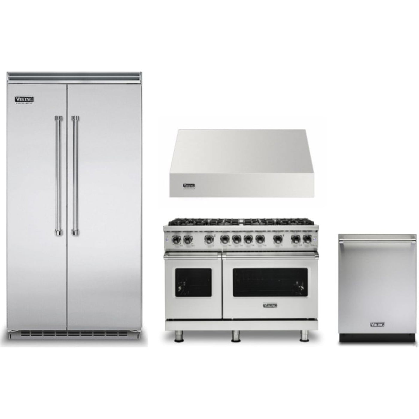 Viking 4-Piece Package 42 Inch Counter Depth Built-In Side by Side Refrigerator and 48 Inch Freestanding Professional Gas Range and 24 Inch Fully Integrated Dishwasher and 48 Inch Wall Mount Range Hood - VCSB5424SS