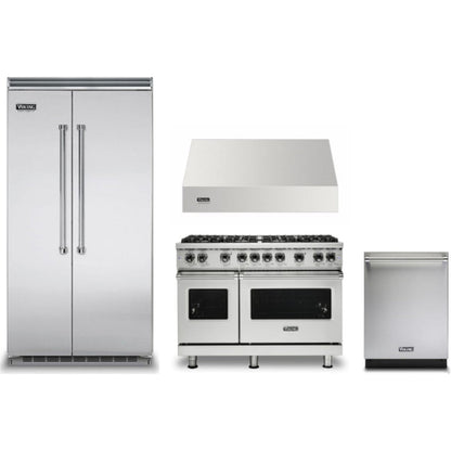 Viking 4-Piece Package 42 Inch Counter Depth Built-In Side by Side Refrigerator and 48 Inch Freestanding Professional Gas Range and 24 Inch Fully Integrated Dishwasher and 48 Inch Wall Mount Range Hood - VCSB5424SS