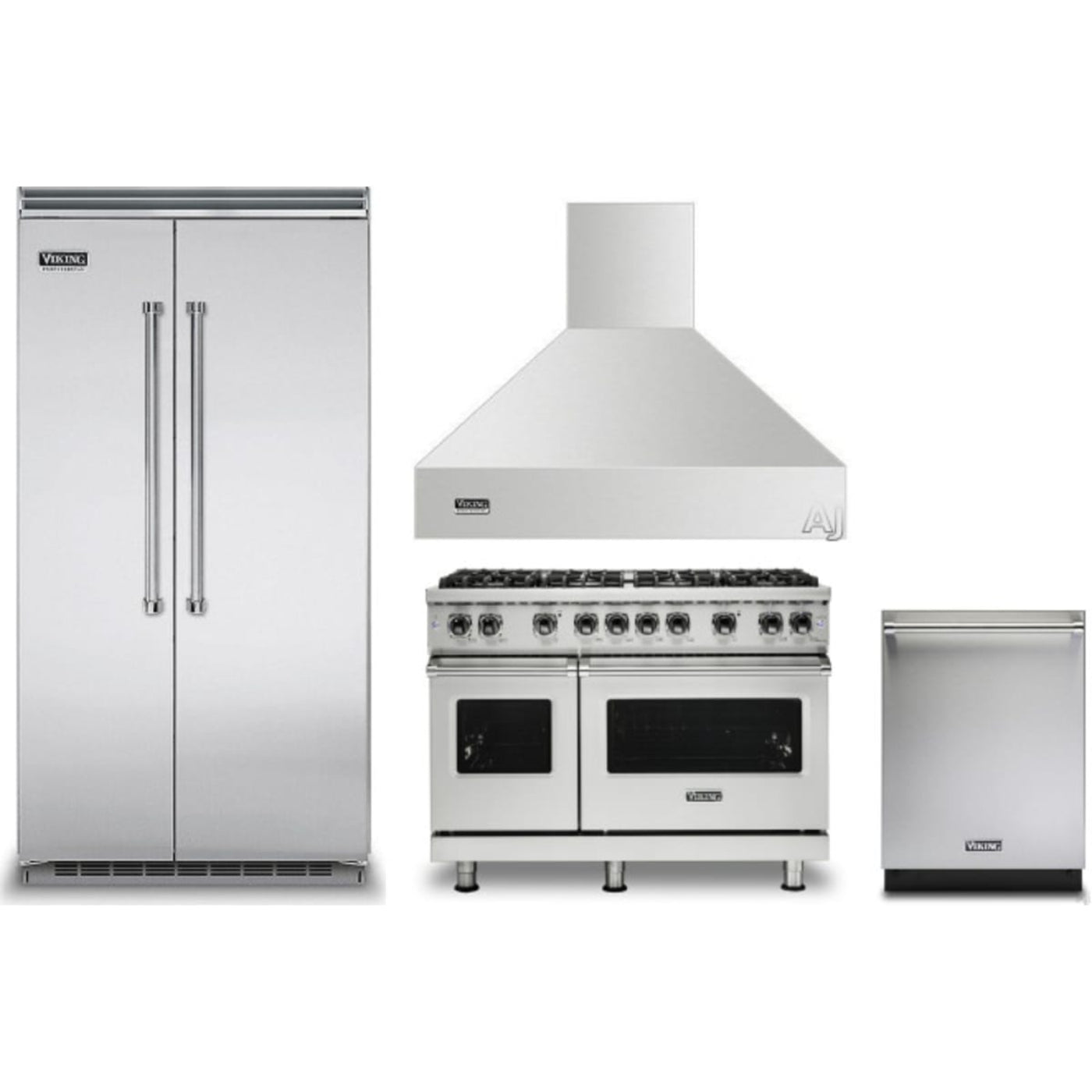 Viking 4-Piece Package 42 Inch Counter Depth Built-In Side by Side Refrigerator and 48 Inch Freestanding Professional Gas Range and 24 Inch Fully Integrated Dishwasher and 48 Inch Wall Mount Range Hood - VCSB5424SS