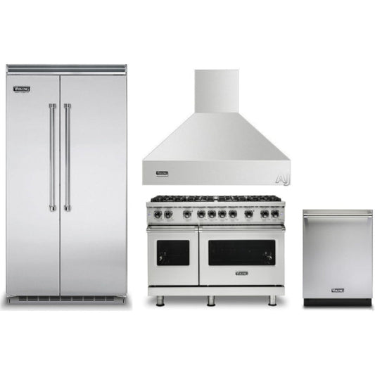 Viking 4-Piece Package 42 Inch Counter Depth Built-In Side by Side Refrigerator and 48 Inch Freestanding Professional Gas Range and 24 Inch Fully Integrated Dishwasher and 48 Inch Wall Mount Range Hood - VCSB5424SS