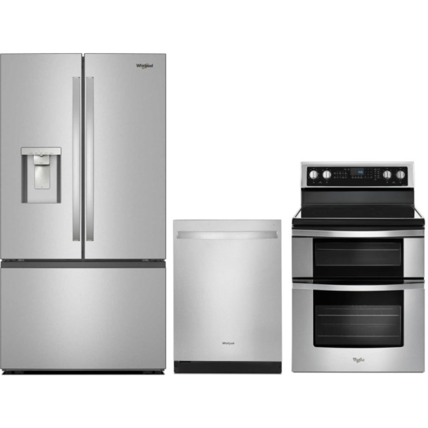 Whirlpool 3-Piece Package 36 Inch Freestanding French Door Refrigerator and WGE745C0FS 30 Inch Electric Range and WDT730HAMZ 24 Inch Fully Integrated Dishwasher - WRFF3536SZ