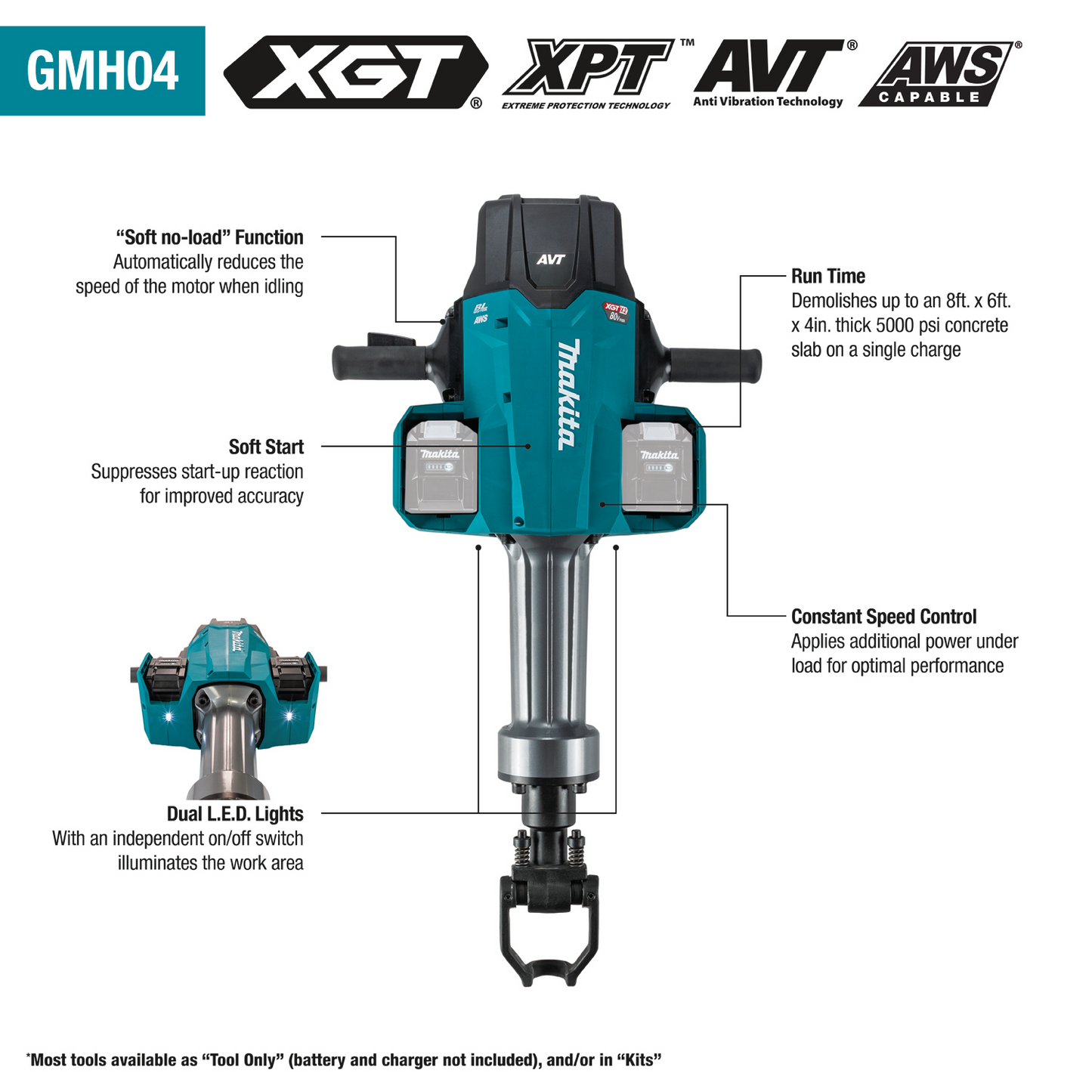 Makita  80V MAX -(40V max X2) XGT Brushless 70 lb. 1‑1/8" Hex AVT Breaker Hammer Kit - GMH04PL4X