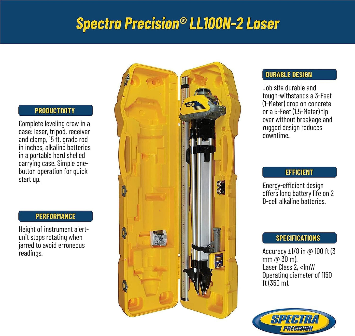 Spectra Precision Laser Level Kit with Receiver, Rod (Inches), Tripod and Case LL100N-2 - LL100N-2