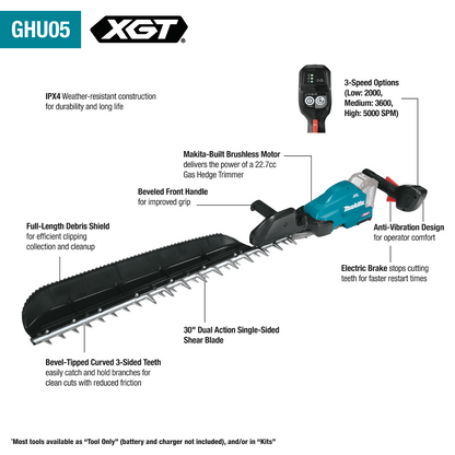Makita 40V Max XGT Brushless Cordless 30" Single‑Sided Hedge Trimmer Kit (4.0Ah) - GHU05M1