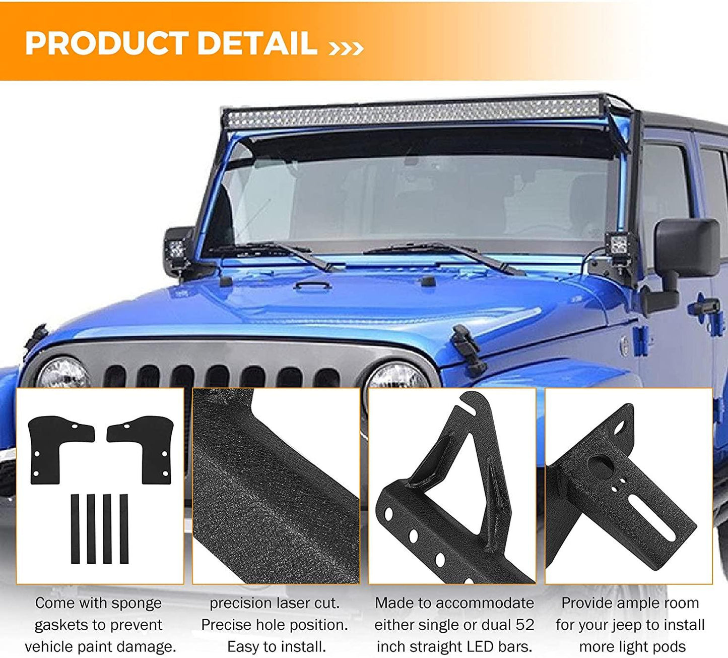 Auxbeam  07-17 Jeep JK - Mega Bundle, 7" LED Halo Headlights,52" 300W Straight LED Light Bar&Windshield Mounting Brackets, 18W Pods light - GP00007587