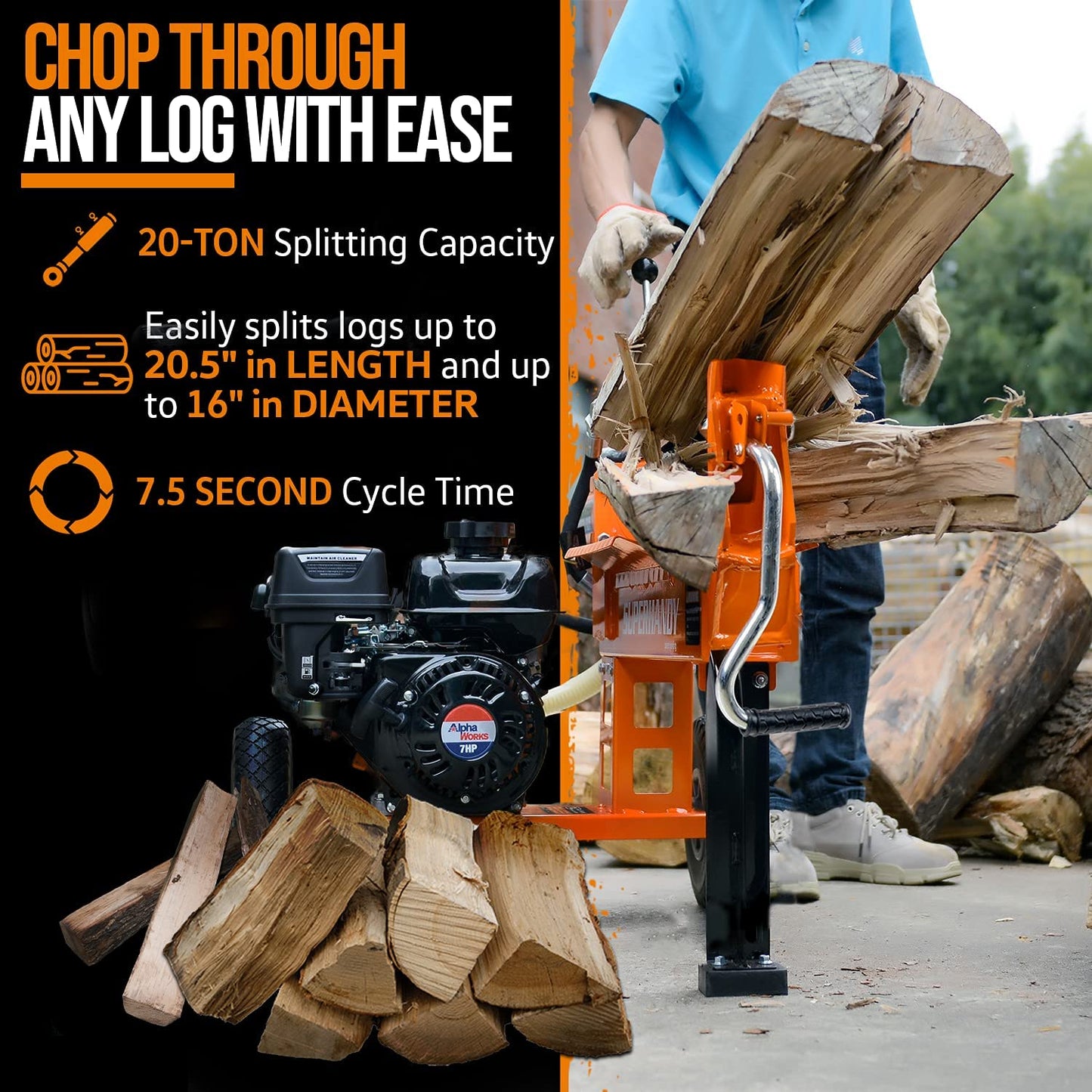 Super Handy GCAO023 Log Splitter 20-Ton Horizontal Portable Gas 7HP Engine New Canada Only - GCAO023