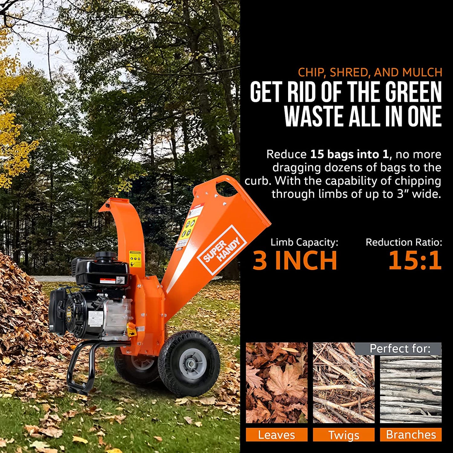 Super Handy GCAO006 Mini Wood Chipper Shredder Mulcher 3" Max Capacity with 7HP 212cc Engine New Canada Only - GCAO006