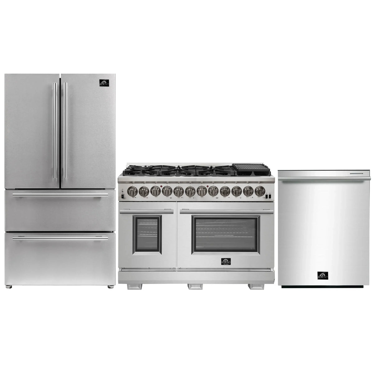 Forno 3-Piece Pro Appliance Package - 48-Inch Dual Fuel Range, French Door Refrigerator, and Dishwasher in Stainless Stee -0 AP3-6187-48l