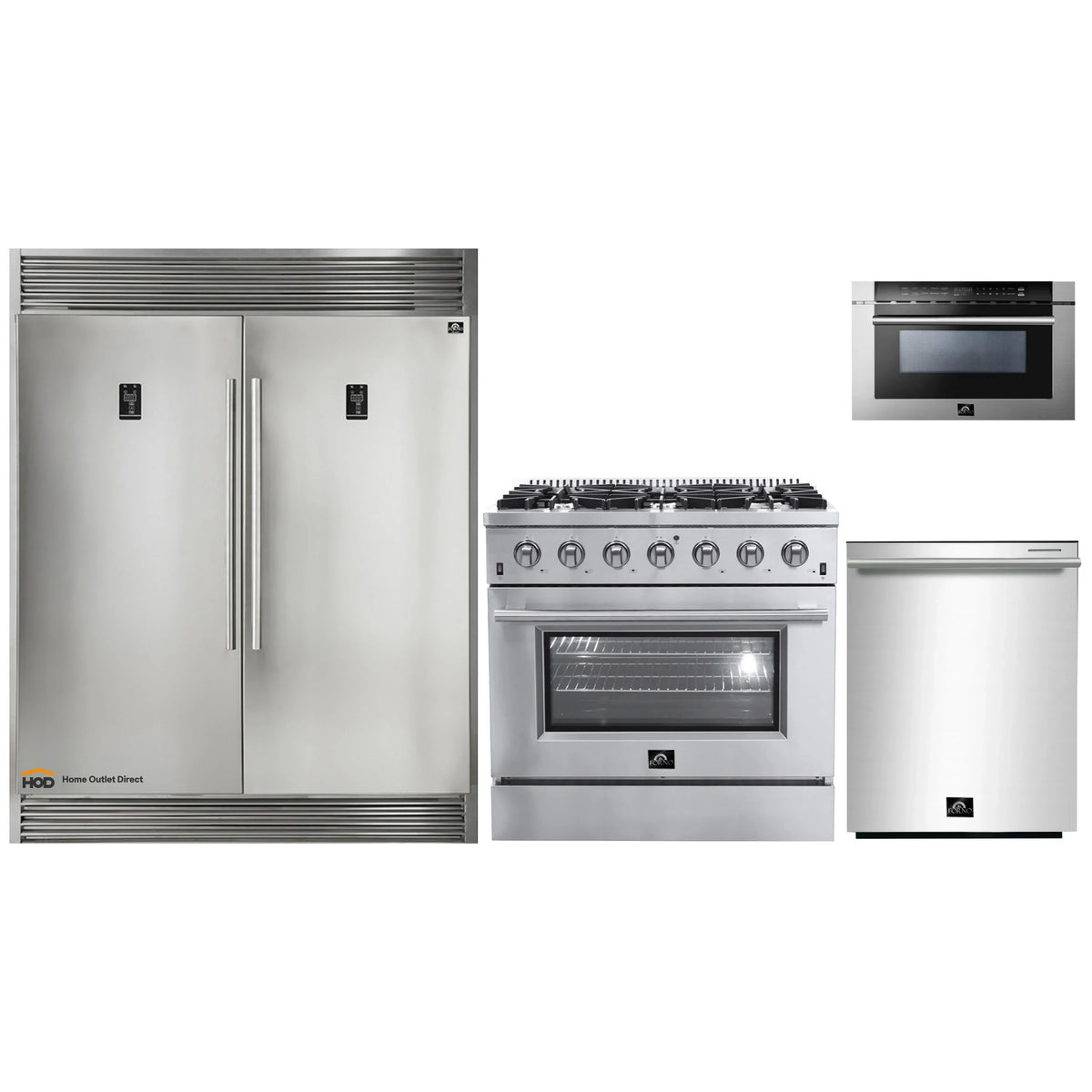 Forno 4-Piece Appliance Package - 36-Inch Gas Range, 60-Inch Pro-Style Refrigerator, 24-Inch Microwave Drawer, & 3-Rack Dishwasher in Stainless Stee - AP4-60S-6244-36-MWDl