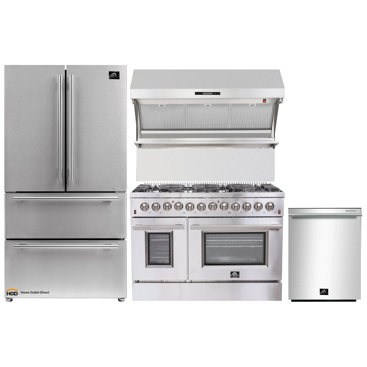 Forno 4-Piece Appliance Package - 48-Inch Dual Fuel Range, Refrigerator, Wall Mount Hood with Backsplash, & 3-Rack Dishwasher in Stainless Steel - AP4-6156-48