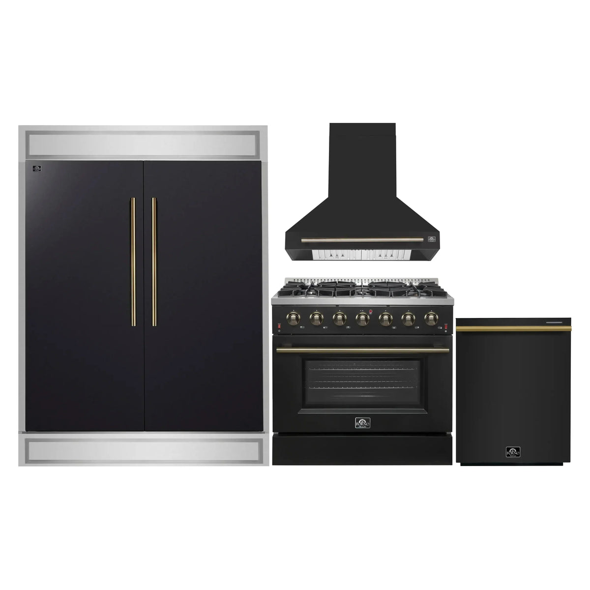 Forno 4-Piece Appliance Package - 36-Inch Gasl Fuel Range, Wall Mount Range Hood, 60-Inch Built-In Convertible Refrigerator, and Dishwasher in Black with Antique Brass Handle - AP4-6244-36BLK-5095-60MG
