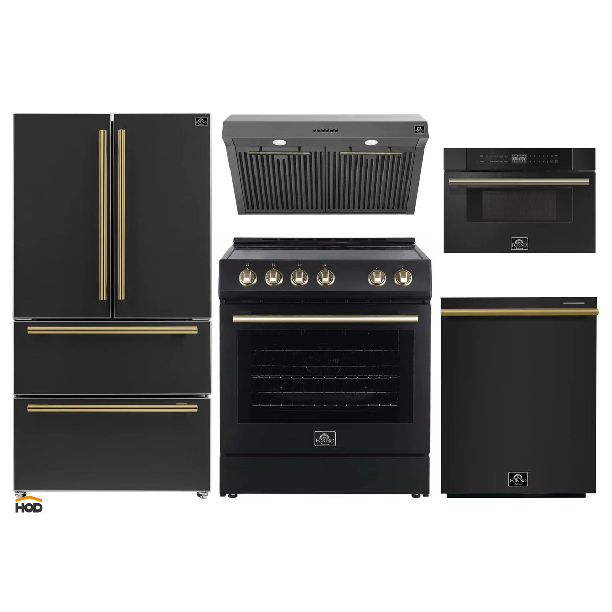 Forno 5-Piece Appliance Package - 30-Inch Electric Range, Under Cabinet Range Hood, French Door Refrigerator, Dishwasher, and 30-Inch Microwave Drawer in Black with Antique Brass Trim - APR5-6012-30BLK-MWD30