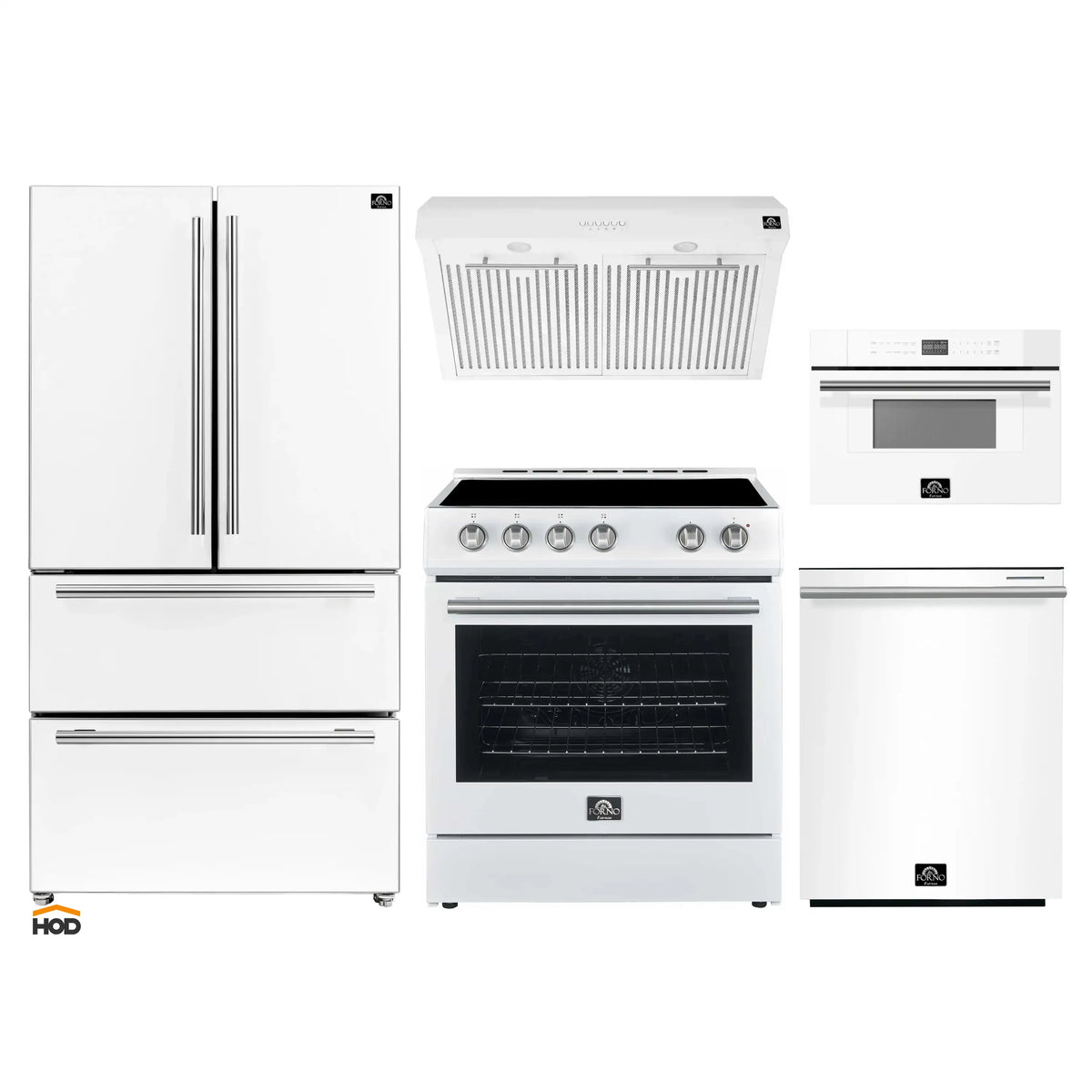 Forno 5-Piece Appliance Package - 30-Inch Electric Range, Under Cabinet Range Hood, French Door Refrigerator, Dishwasher, and 30-Inch Microwave Drawer in White with Stainless Steel Trim - APR5-6012-30WHT-MWD30