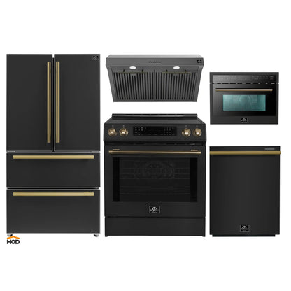 Forno 5-Piece Appliance Package - 30-Inch Inducton Range, Under Cabinet Range Hood, Refrigerator, Dishwasher, and 24-Inch Microwave Oven in Black with Antique Brass Trim - APR5-905-30BLK-MWO24