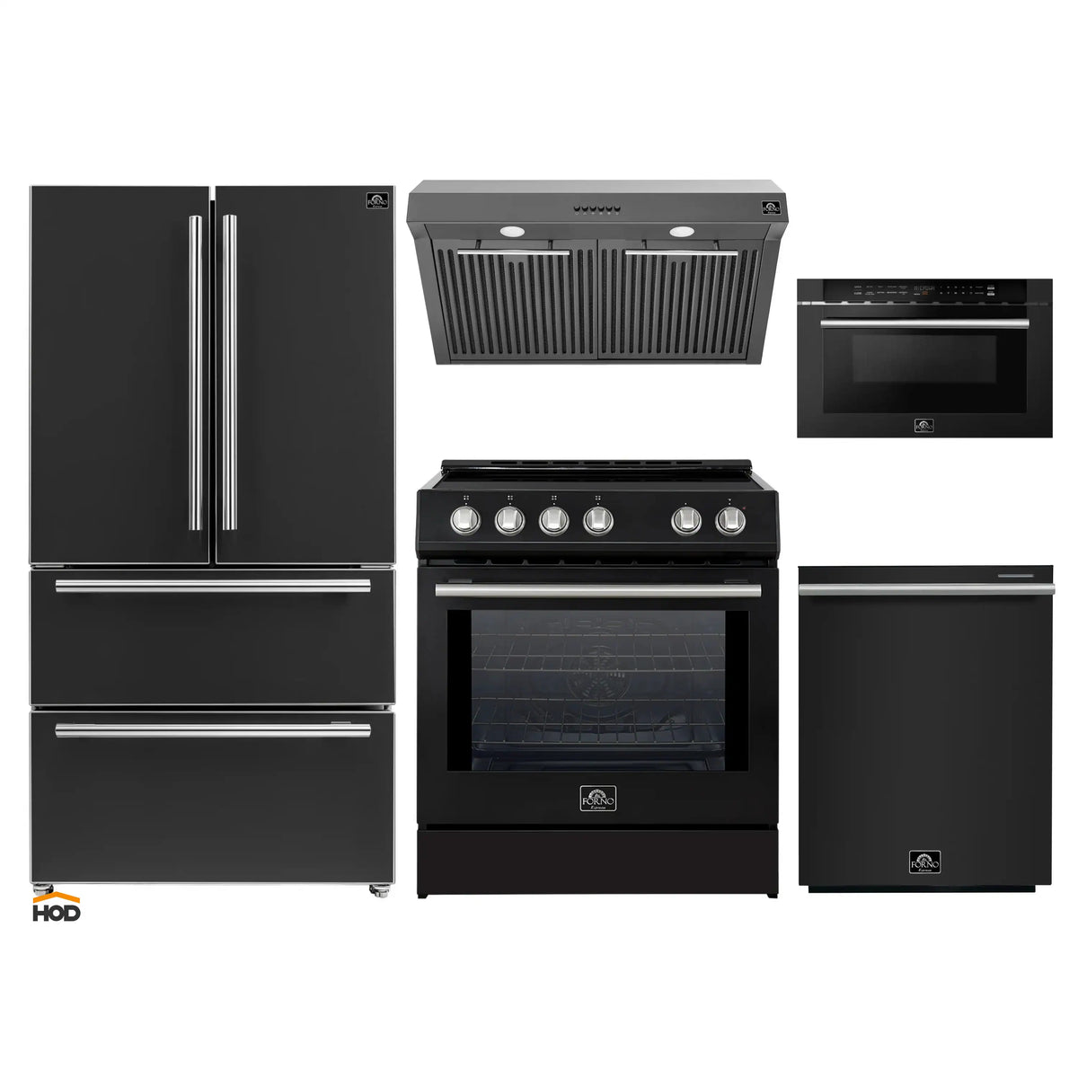 Forno 5-Piece Appliance Package - 30-Inch Induction Range, Under Cabinet Range Hood,  French Door Refrigerator, Dishwasher, and  Microwave Drawer in Black with Stainless Steel Trim - APR5-982-30BLK