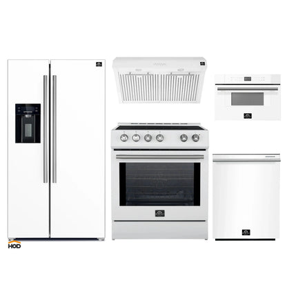 Forno 5-Piece Appliance Package - 30-Inch Induction Range, Under Cabinet Range Hood, Refrigerator with Water Dispenser, Dishwasher, and 30-Inch Microwave Drawer in White with Stainless Steel Trim - APW5-982-30WHT-MWD30