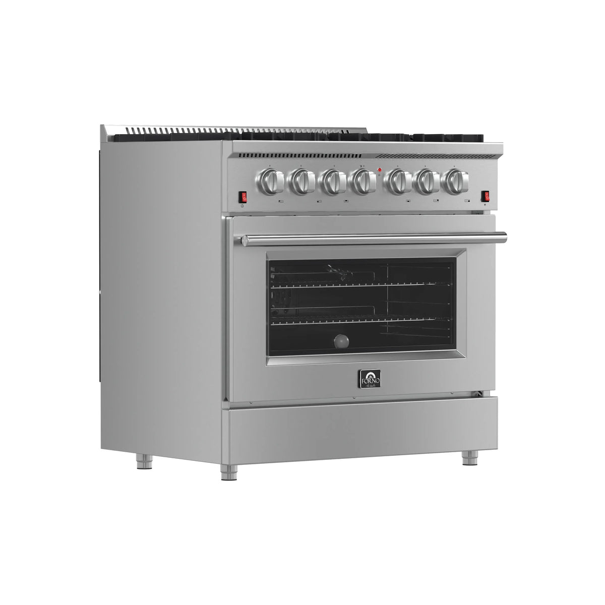 Forno 5-Piece Appliance Package - 36-Inch Gas Range, Wall Mount Range Hood, 60-Inch Refrigerator, Dishwasher, and 30-Inch Microwave Drawer in Stainless Steel - AP5-6244-36-5095-60S-30MD
