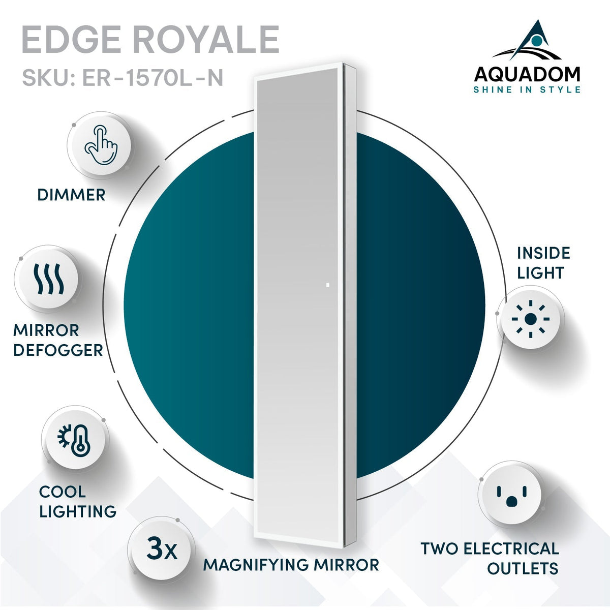 Aquadom Edge Royale 15" x 70" Left Hinged Medicine Cabinet With Lighting, Defogger, Integrated LED 3X Magnifying Mirror, 8mm Clear Adjustable Glass Shelves and Electrical Outlet With USB - ER-1570L-N