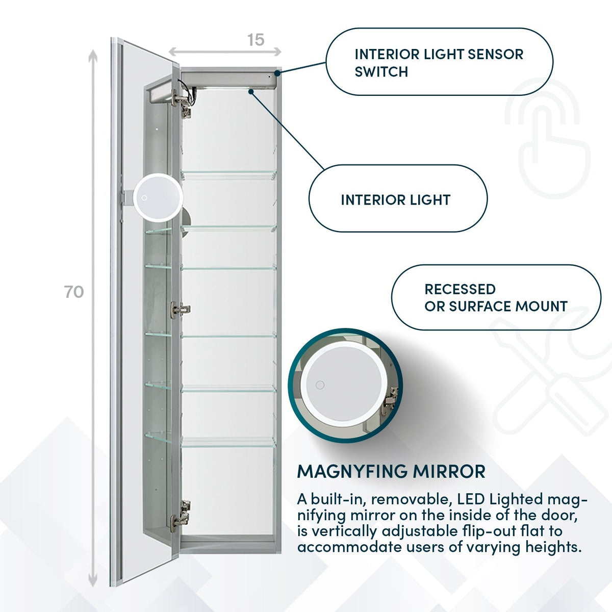 Aquadom Edge Royale 15" x 70" Left Hinged Medicine Cabinet With Lighting, Defogger, Integrated LED 3X Magnifying Mirror, 8mm Clear Adjustable Glass Shelves and Electrical Outlet With USB - ER-1570L-N