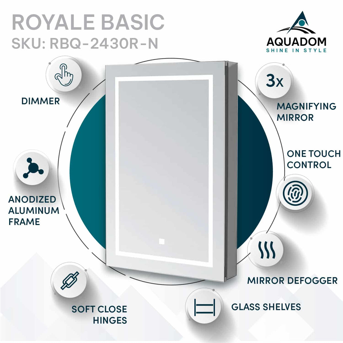 Aquadom Royale Basic Q 24" x 30" Rectangular Single View Right-Hinged Recessed or Surface Mount Medicine Cabinet With LED Lighting, Touch Screen Button, Dimmer - RBQ-2430R-N