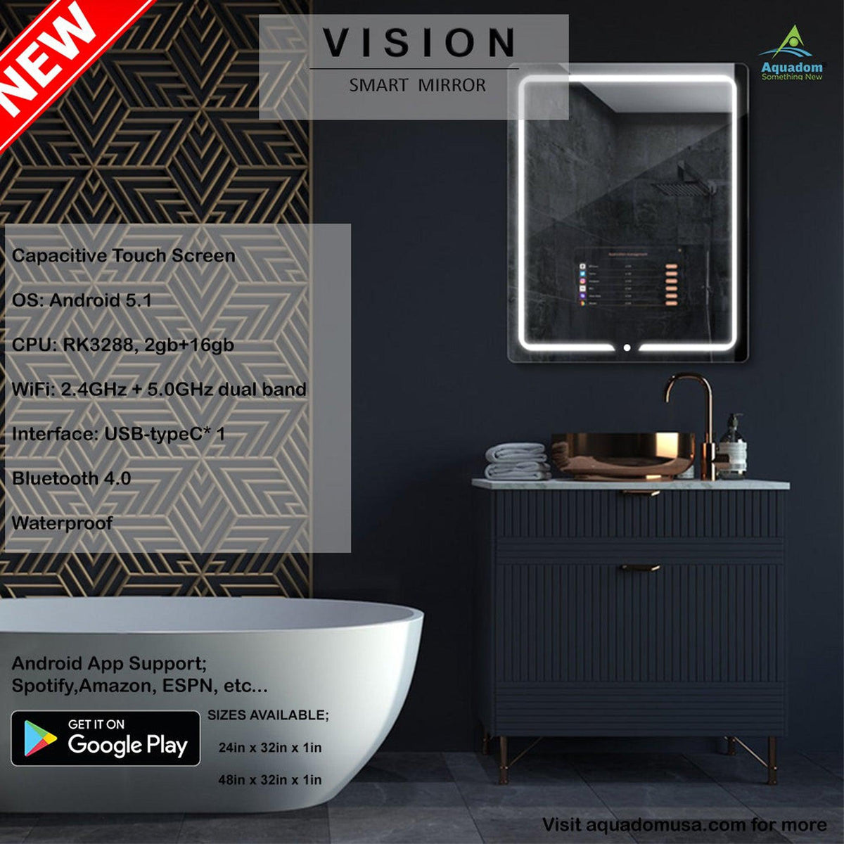 Aquadom Vision 48" x 32" Smart LED Lighted Bathroom Mirror With Built-in TV and Defogger - V-4832