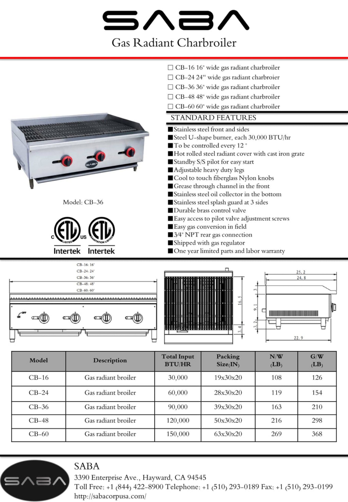 SABA  Commercial Gas Radiant Broiler - CB-36
