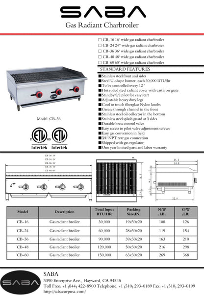 SABA  Commercial Gas Radiant Broiler - CB-24