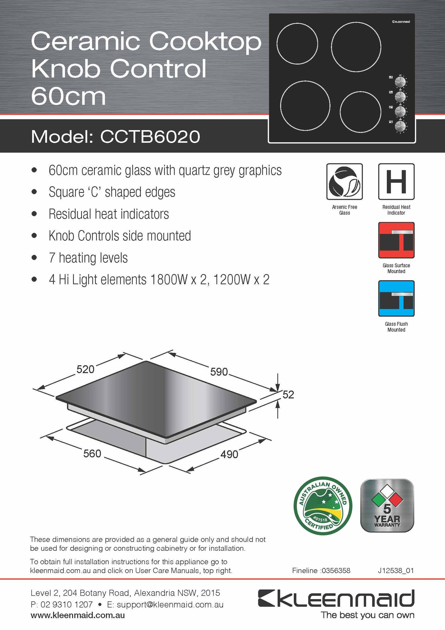 Kleenmaid CCTB6020 60cm Knob Control Ceramic Cooktop - CCTB6020