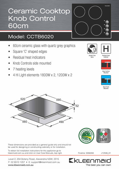 Kleenmaid CCTB6020 60cm Knob Control Ceramic Cooktop - CCTB6020