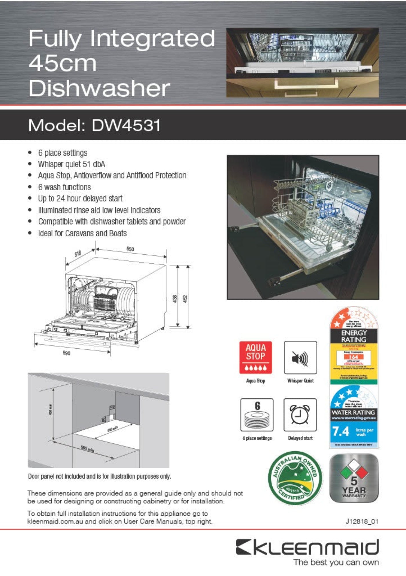 Kleenmaid 45cm Fully Integrated Compact Dishwasher - DW4531