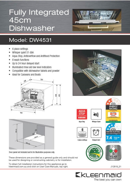 Kleenmaid 45cm Fully Integrated Compact Dishwasher - DW4531