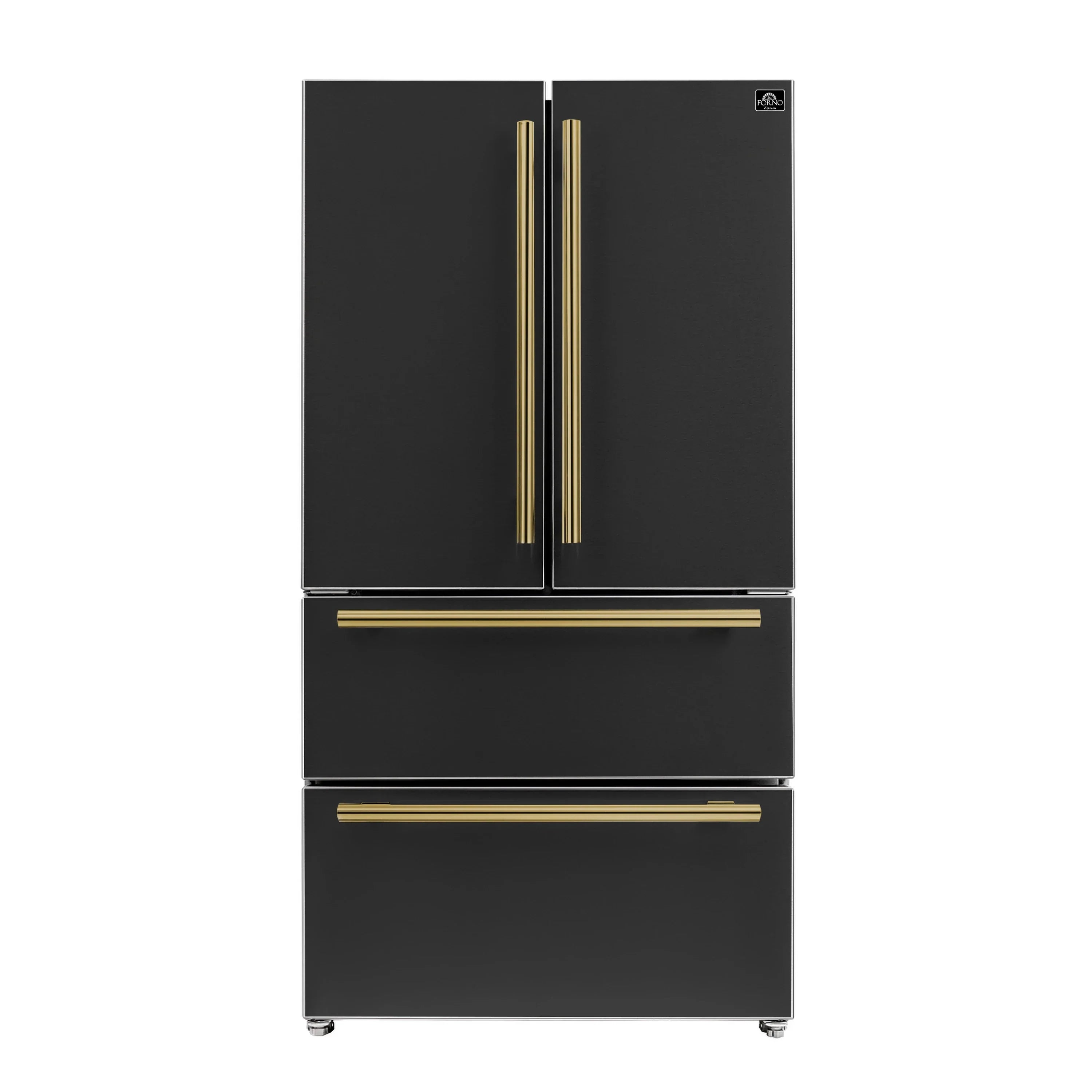 Forno Espresso Moena 36-inch 19.2 Cu.ft French Door Refrigerator in Black with Antique Brass Handle -FFRBI1820-36BLK