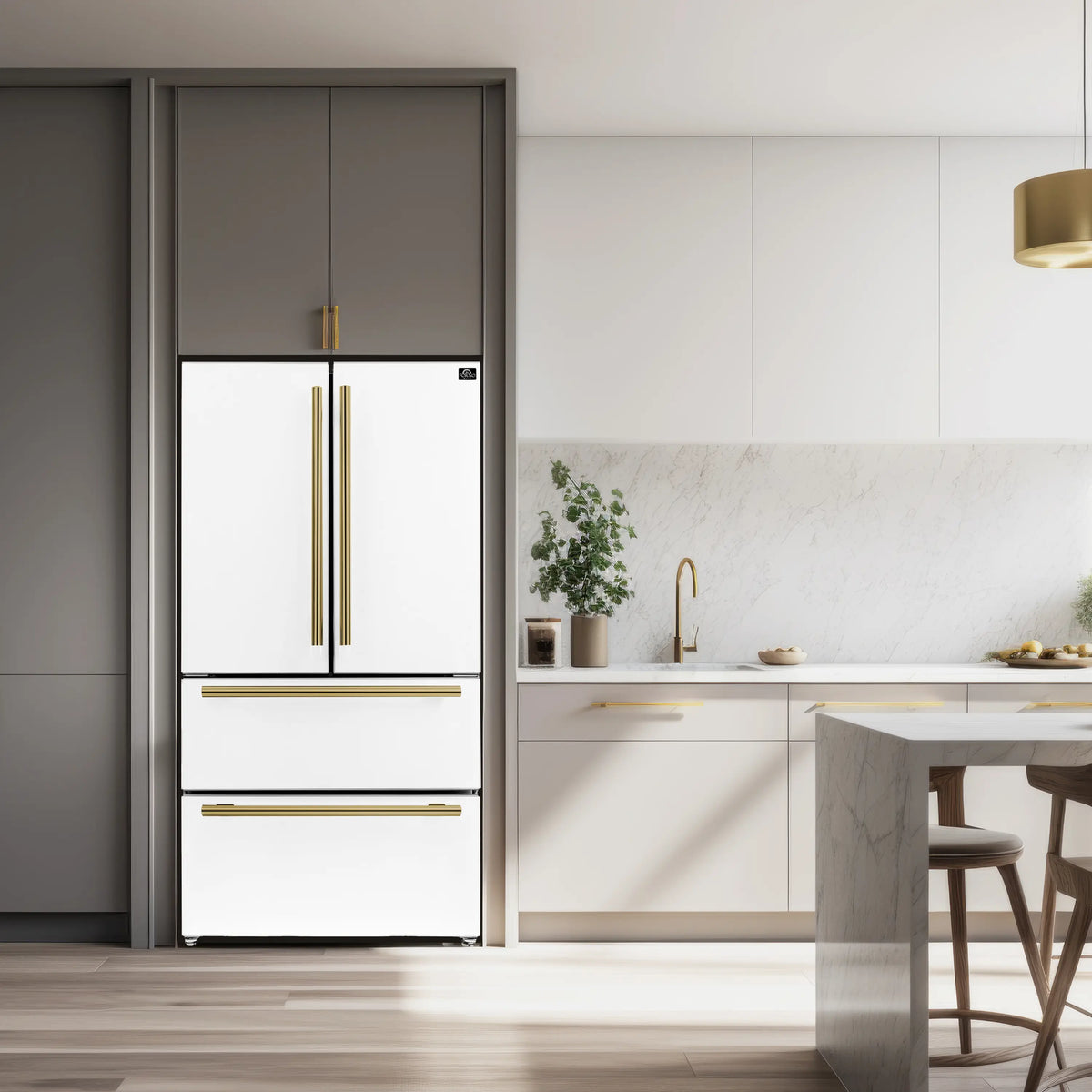 Forno Espresso Moena 36-inch 19.2 Cu.ft French Door Refrigerator in White with Antique Brass Handle  - FFRBI1820-36WHT