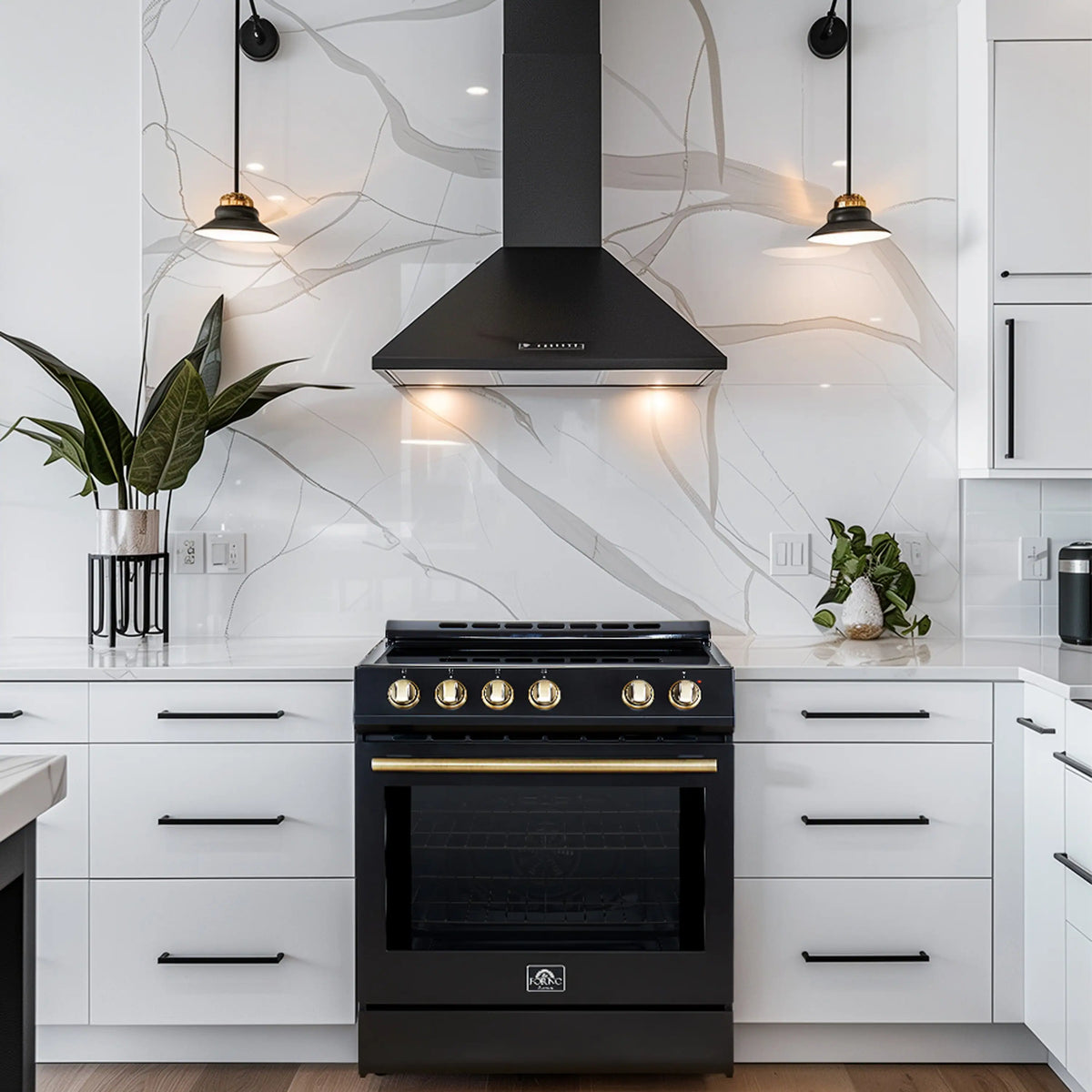 Forno 5-Piece Appliance Package - 30-Inch Electric Range, Under Cabinet Range Hood, French Door Refrigerator, Dishwasher , & Microwave Drawer in Black with Antique Brass Trim - APR5-6012-30BLK