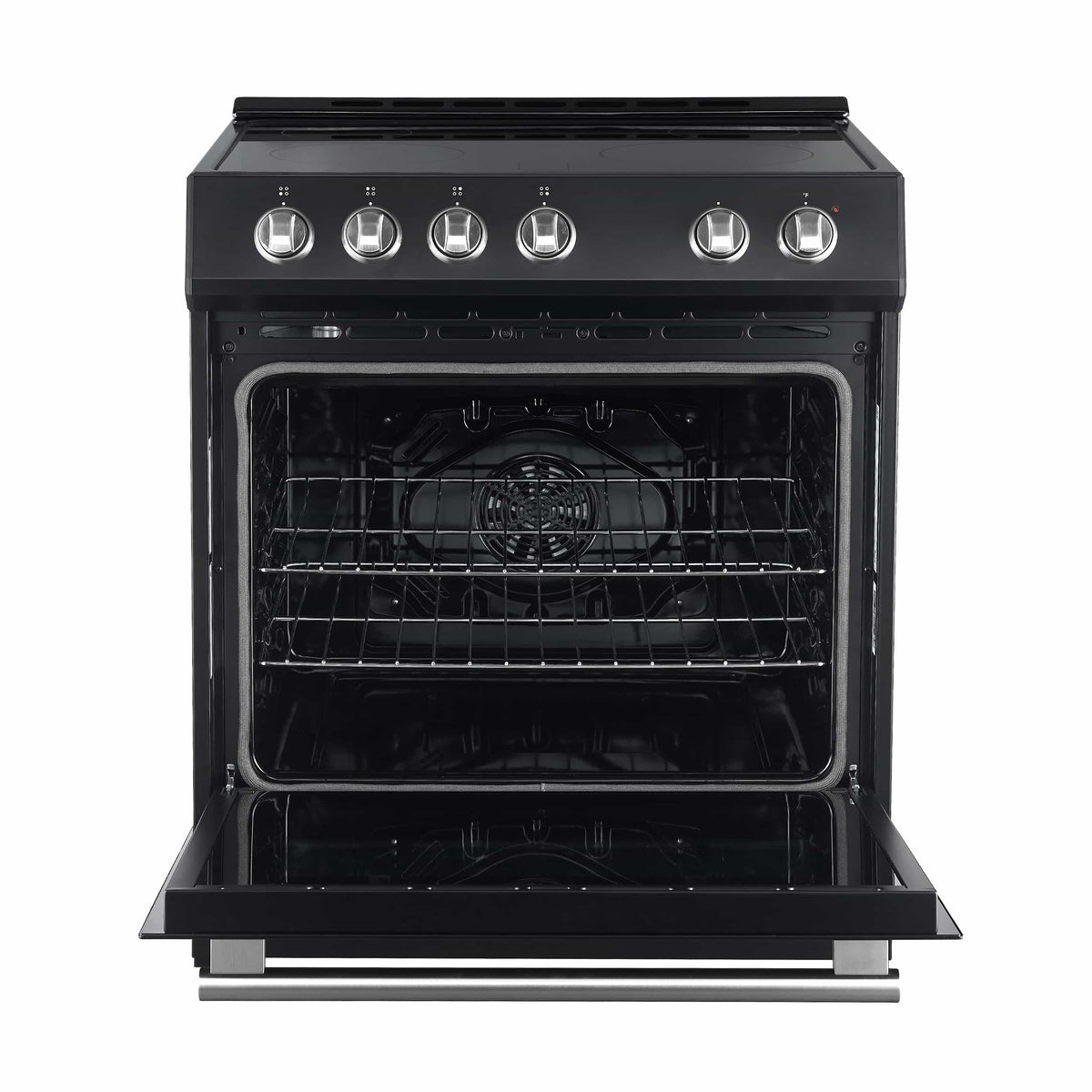 Forno 5-Piece Appliance Package - 30-Inch Electric Range, Under Cabinet Range Hood, French Door Refrigerator, Dishwasher, and 30-Inch Microwave Drawer in Black with Stainless Steel Handle - APR5-6012-30BLK-MWD30