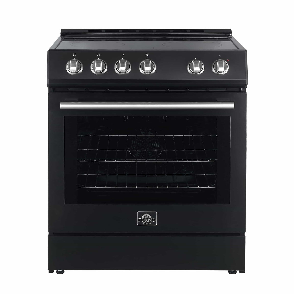 Forno 5-Piece Appliance Package - 30-Inch Electric Range, Under Cabinet Range Hood, French Door Refrigerator, Dishwasher, & 24-Inch Microwave Drawer in Black with Stainless Steel Trim - APR5-6012-30BLK