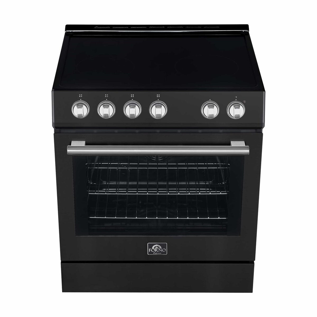 Forno 5-Piece Appliance Package - 30-Inch Electric Range, Under Cabinet Range Hood, French Door Refrigerator, Dishwasher, & 24-Inch Microwave Drawer in Black with Stainless Steel Trim - APR5-6012-30BLK