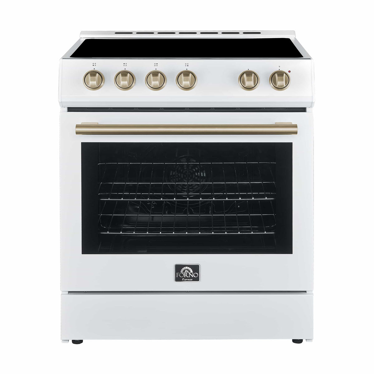 Forno 5-Piece Appliance Package - 30-Inch Electric Range, Under Cabinet Range Hood, Refrigerator with Water Dispenser, Dishwasher, and 30-Inch Microwave Drawer in White with Stainless Steel Trim - APW5-6012-30WHT-MWD30